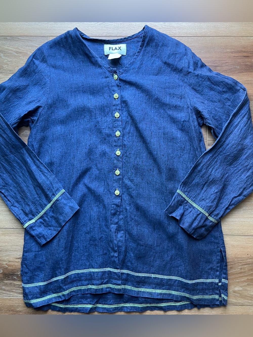 Flax 100% linen tunic oversized navy striped Lagenlook boho blouse shirt small